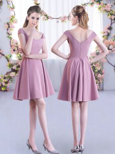 Pink A-line Ruching Bridesmaid Gown Zipper Chiffon Cap Sleeves Mini Length