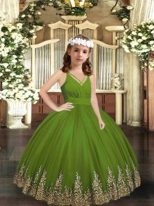 Olive Green Zipper V-neck Appliques Little Girls Pageant Dress Wholesale Tulle Sleeveless