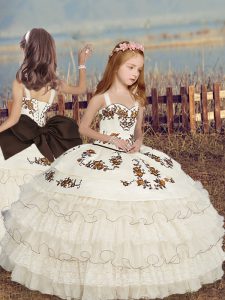 Wonderful White Sleeveless Floor Length Lace and Embroidery and Ruffled Layers and Bowknot Lace Up Little Girl Pageant Gowns
