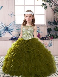 Perfect Sleeveless Floor Length Beading and Ruffles Lace Up Little Girls Pageant Gowns with Olive Green