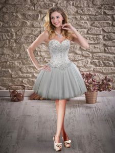 Dramatic Grey Ball Gowns Sweetheart Sleeveless Tulle Mini Length Lace Up Beading
