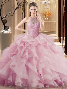 Suitable Pink 15th Birthday Dress Halter Top Sleeveless Sweep Train Lace Up