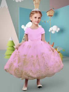 Attractive Tulle Short Sleeves Tea Length Flower Girl Dress and Lace