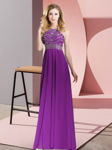 Colorful Chiffon Scoop Sleeveless Backless Beading Prom Gown in Purple