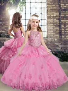 Best Sleeveless Tulle Floor Length Lace Up Kids Pageant Dress in Lilac with Beading and Appliques