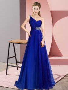 Brush Train Empire Homecoming Dress Royal Blue One Shoulder Chiffon Sleeveless Criss Cross