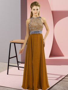 Elegant Brown Side Zipper Evening Dress Beading Sleeveless Floor Length