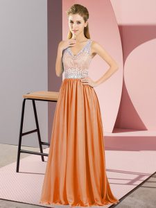 Customized Orange Empire Beading and Lace Homecoming Dress Backless Chiffon Sleeveless Floor Length