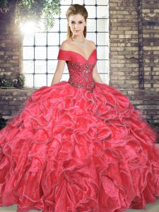 Sleeveless Organza Floor Length Lace Up Sweet 16 Dress in Coral Red with Beading and Ruffles