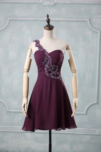 Dark Purple One Shoulder Zipper Beading and Ruching Prom Evening Gown Sleeveless