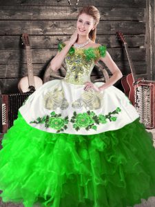 Chic Green Ball Gowns Embroidery and Ruffles 15th Birthday Dress Lace Up Organza Sleeveless Floor Length