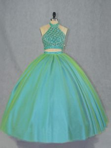 Sleeveless Tulle Lace Up Quinceanera Dress in Green with Beading