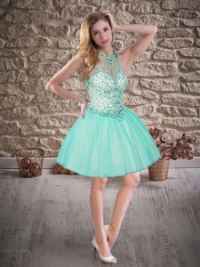 Mini Length Aqua Blue Dress for Prom Tulle Sleeveless Beading