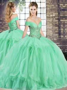Ball Gowns Quinceanera Gowns Apple Green Off The Shoulder Tulle Sleeveless Floor Length Lace Up