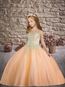 Attractive Peach Sleeveless Beading and Appliques Floor Length Child Pageant Dress
