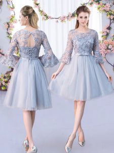 Smart Grey Lace Up Bridesmaid Gown Lace and Belt 3 4 Length Sleeve Knee Length
