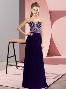 Sleeveless Chiffon Floor Length Lace Up Prom Dress in Purple with Beading