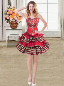 Flare Wine Red Ball Gowns Taffeta Sweetheart Sleeveless Embroidery and Ruffled Layers Mini Length Lace Up Prom Homecoming Dress
