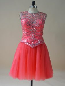 Nice Beading Coral Red Lace Up Sleeveless Mini Length