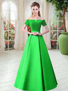 Comfortable Belt Prom Dress Green Lace Up Short Sleeves Floor Length