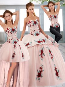 Popular Baby Pink Quince Ball Gowns Tulle Sweep Train Sleeveless Beading and Embroidery