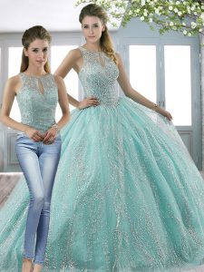 Sleeveless Tulle Sweep Train Lace Up Ball Gown Prom Dress in Apple Green with Beading