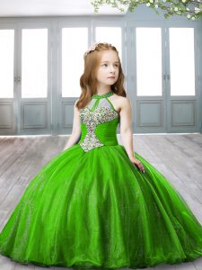 Most Popular Halter Top Sleeveless Little Girl Pageant Dress Floor Length Beading Green Organza