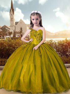 Modern Olive Green Sleeveless Organza Lace Up Kids Pageant Dress for Party and Wedding Party
