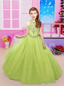 Most Popular Yellow Green Organza Lace Up Halter Top Sleeveless Child Pageant Dress Sweep Train Beading