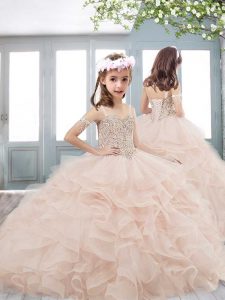Pink Tulle Lace Up Straps Sleeveless Kids Formal Wear Brush Train Beading and Ruffles