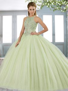Suitable Sleeveless Sweep Train Beading Lace Up Sweet 16 Dresses