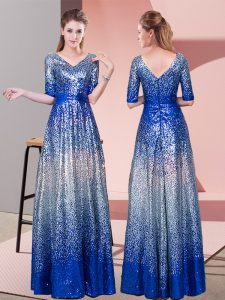 Royal Blue Half Sleeves Ruching Floor Length Dress for Prom