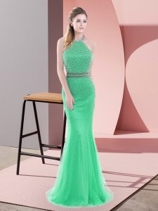 Inexpensive Green Prom Dresses Prom and Party and Military Ball with Beading Halter Top Sleeveless Sweep Train Backless