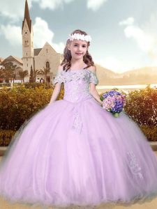 Lilac Off The Shoulder Neckline Beading and Appliques Pageant Gowns For Girls Short Sleeves Lace Up