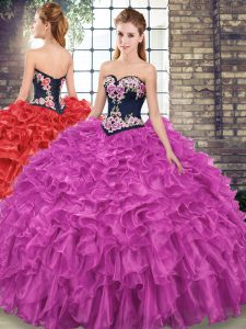 Adorable Fuchsia Ball Gowns Sweetheart Sleeveless Organza Sweep Train Lace Up Embroidery and Ruffles Quinceanera Gowns