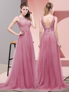 Adorable Pink Lace Up Scoop Lace Evening Party Dresses Tulle Sleeveless Sweep Train