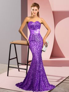 Purple Sequined Backless Sweetheart Sleeveless Homecoming Dress Sweep Train Beading