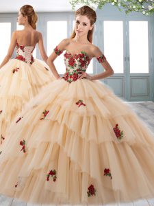 Champagne Sweetheart Neckline Appliques and Ruffled Layers Quince Ball Gowns Sleeveless Lace Up