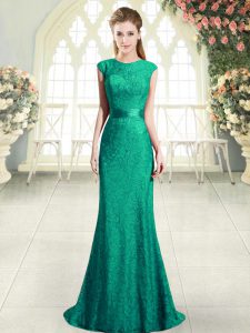 Turquoise Scoop Neckline Beading and Lace Homecoming Dress Cap Sleeves Backless