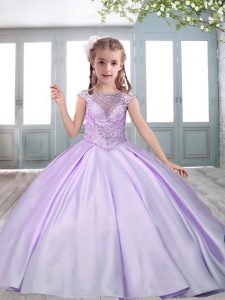 Lavender Kids Formal Wear Satin Sweep Train Cap Sleeves Beading