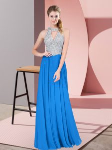 Hot Sale Sleeveless Floor Length Beading Zipper Homecoming Dress with Blue