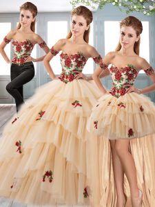 Champagne Three Pieces Appliques Quinceanera Dresses Lace Up Tulle Sleeveless