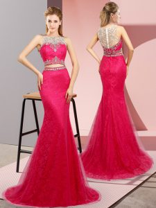 Simple Hot Pink Tulle and Lace Lace Up Scoop Sleeveless Going Out Dresses Sweep Train Beading
