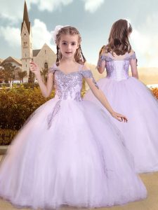 Sleeveless Floor Length Beading and Appliques Lace Up Little Girls Pageant Dress with Lavender