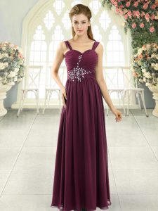 Sophisticated Sleeveless Chiffon Floor Length Lace Up in Burgundy with Beading and Ruching