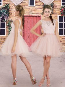 Sleeveless Tulle Mini Length Lace Up Damas Dress in Pink with Beading and Lace