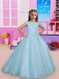 Enchanting Tulle Scoop Sleeveless Sweep Train Lace Up Beading Kids Pageant Dress in Aqua Blue