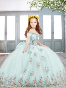 Blue Short Sleeves Appliques and Bowknot Floor Length Little Girls Pageant Gowns