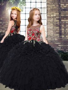 Low Price Black Organza Zipper Scoop Sleeveless Floor Length Child Pageant Dress Embroidery and Ruffles