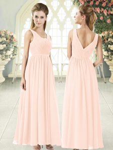 Pink Chiffon Zipper Evening Dress Sleeveless Floor Length Ruching